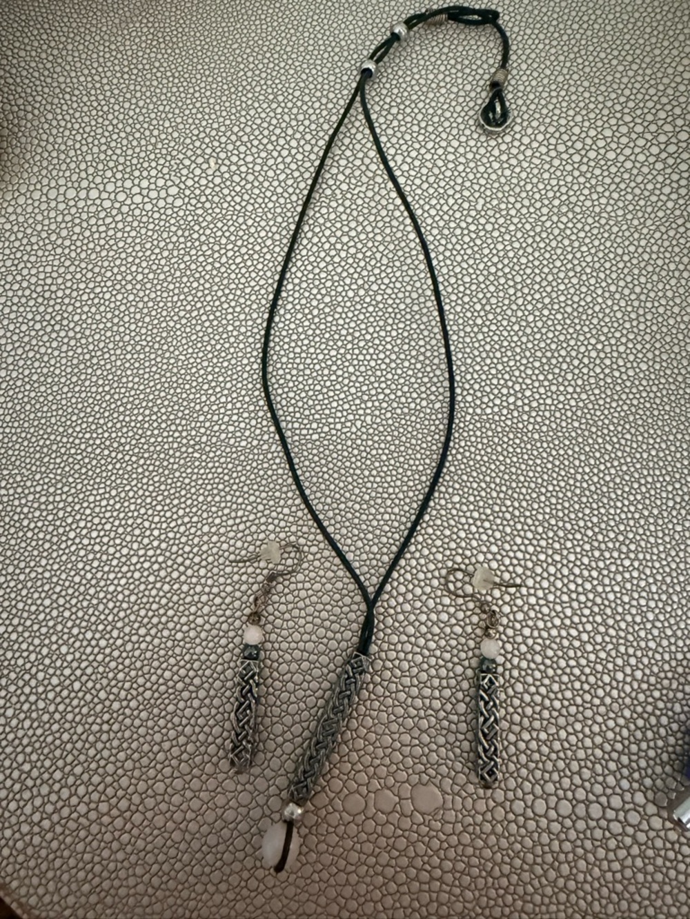 Handcrafted Black adjustable Cord Necklace and Earring Set with Silver Accents